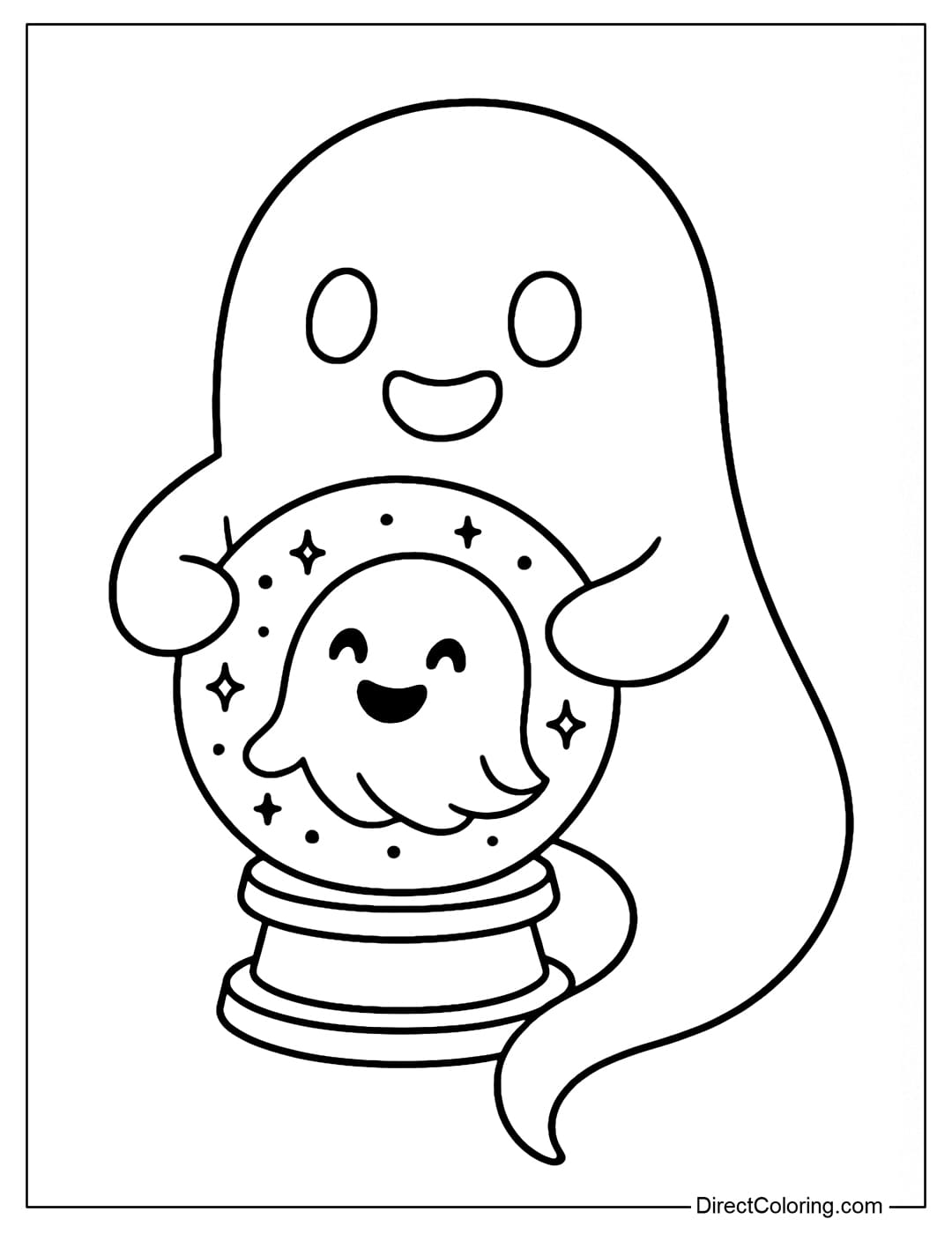 A ghost coloring page holding a crystal ball, showing a mysterious image, the ghost smiles playfully but is not scary.