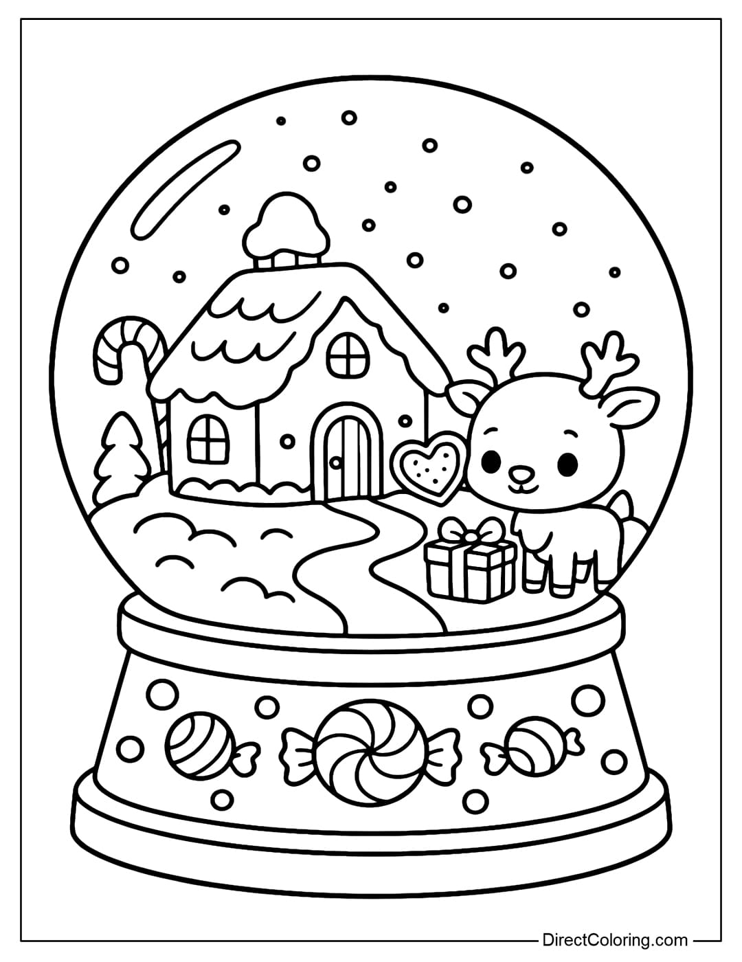 A snow globe coloring page containing a tiny gingerbread village, with a chibi reindeer standing next to a gift box.