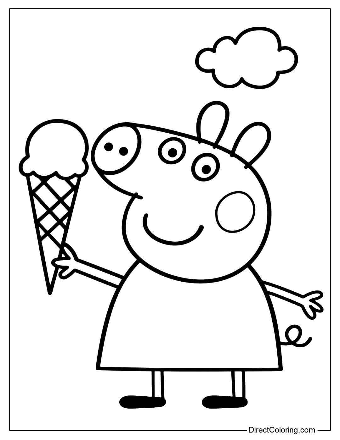 Coloring page Peppa Pig holding a big ice cream, standing on a white background or with a cloud.