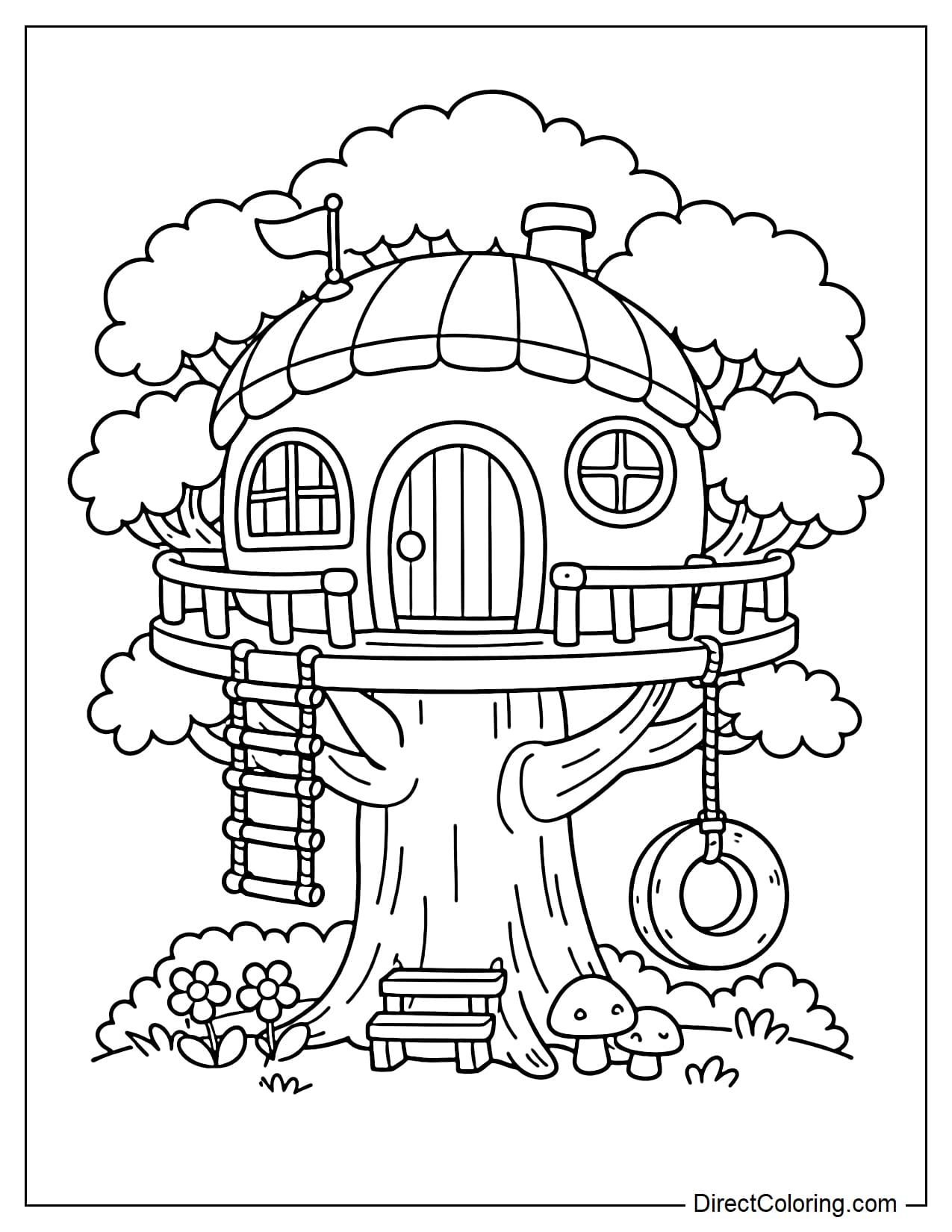 A treehouse with a soft, rounded shape instead of sharp angles, large windows and doors, and a simple tree trunk.