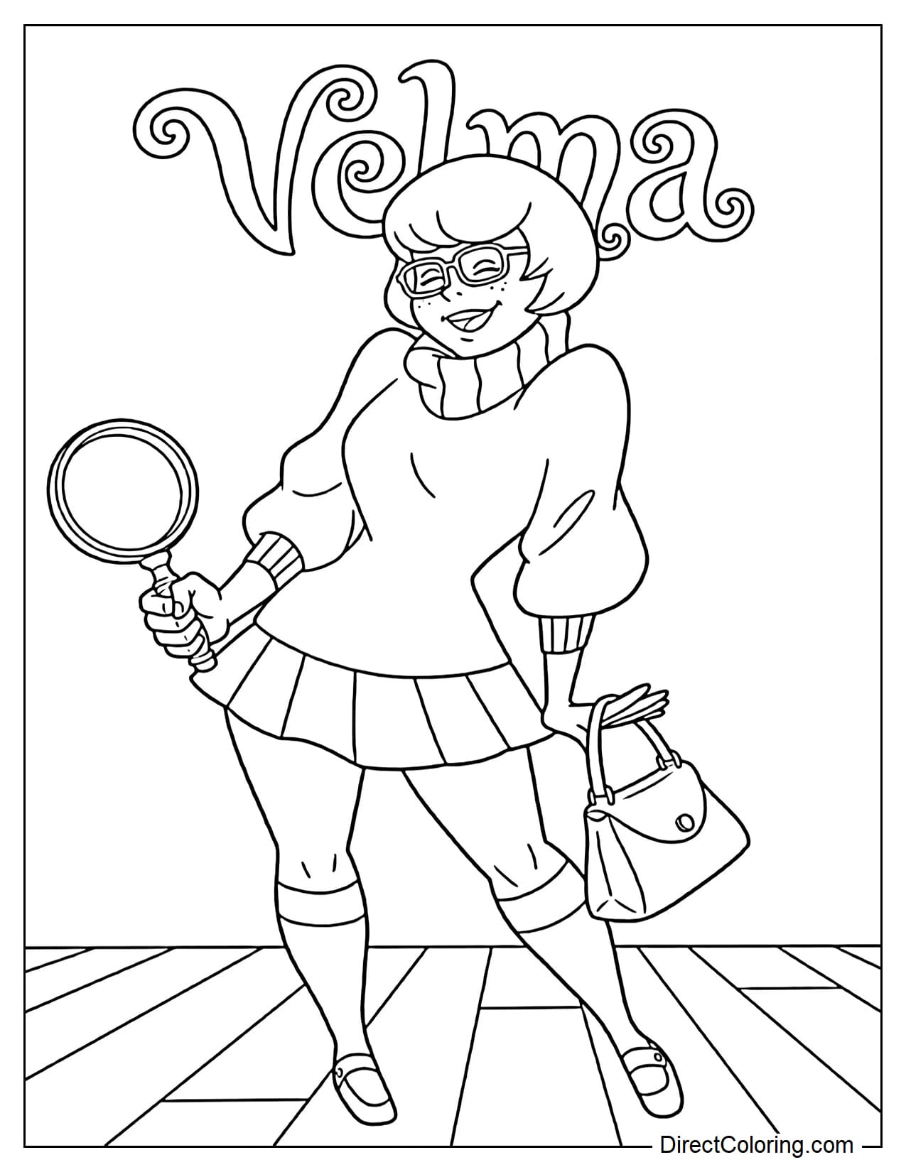 Velma is standing confidently while holding a large magnifying glass in one hand and carrying a small handbag in the other hand, with the text 