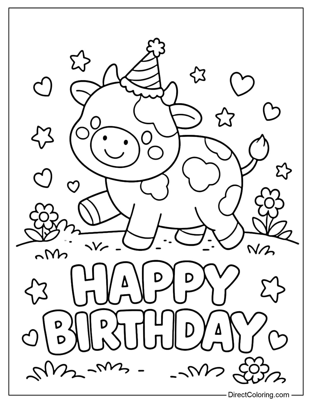 A coloring page featuring a cute cow wearing a birthday hat walking on the grass with the words HAPPY BIRTHDAY written on it.