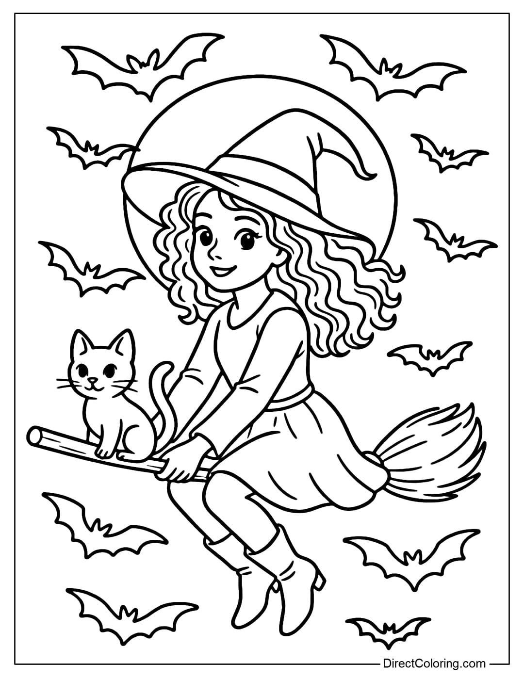 A curly-haired witch coloring page, riding a broomstick with a small black cat, both flying past the full moon, surrounded by bats.