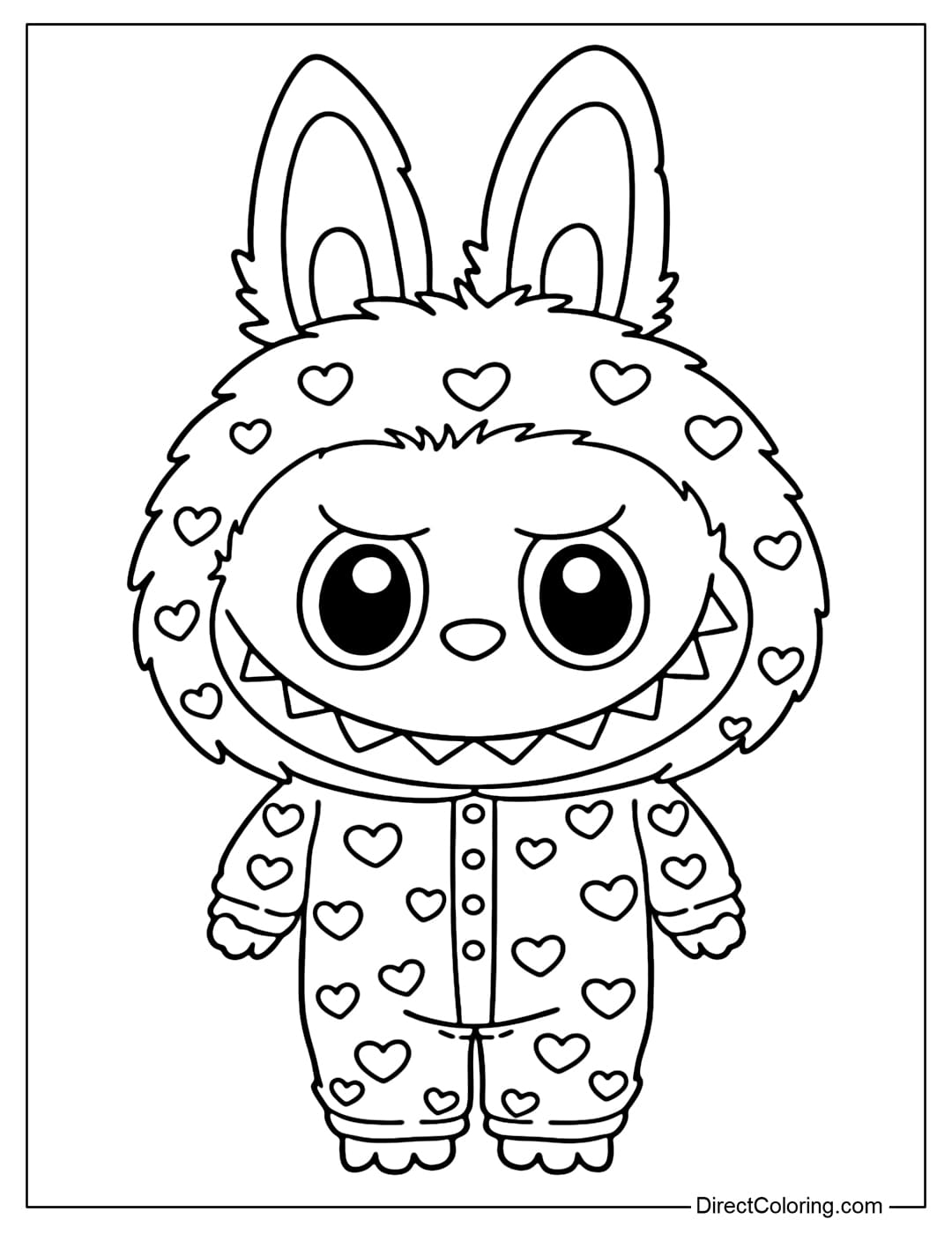 A Labubu coloring page wearing Valentine's Day pajamas with a simple heart pattern.