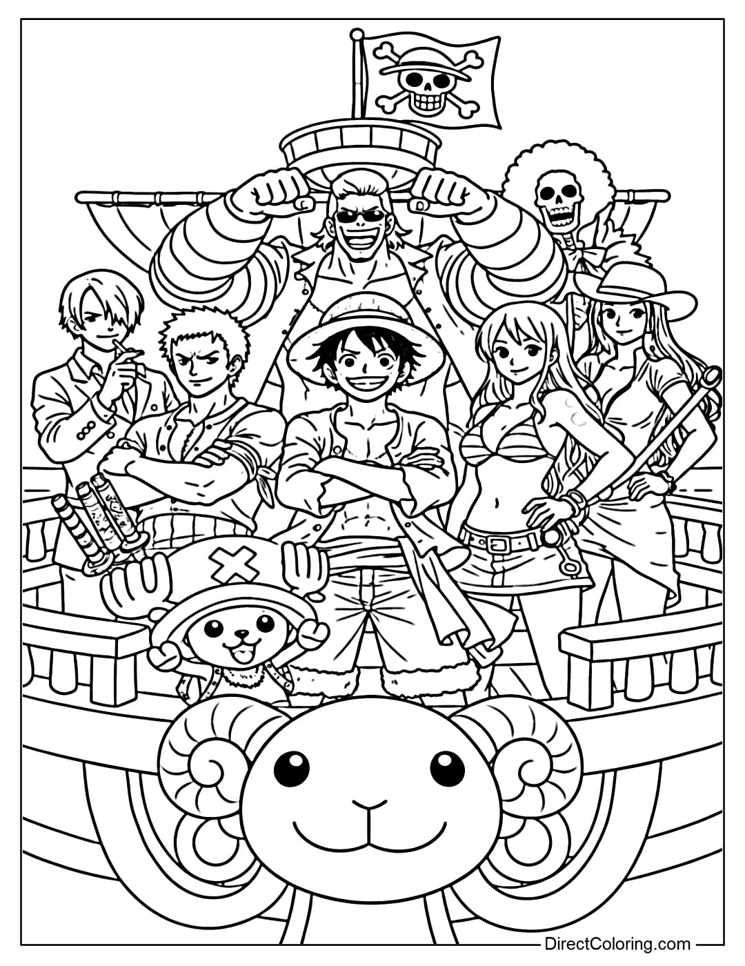 The Straw Hat Crew members from One Piece, including Luffy, Zoro, Nami, Sanji, Chopper, Robin, Franky, and Brook, are standing on the legendary Going Merry under the pirate flag.