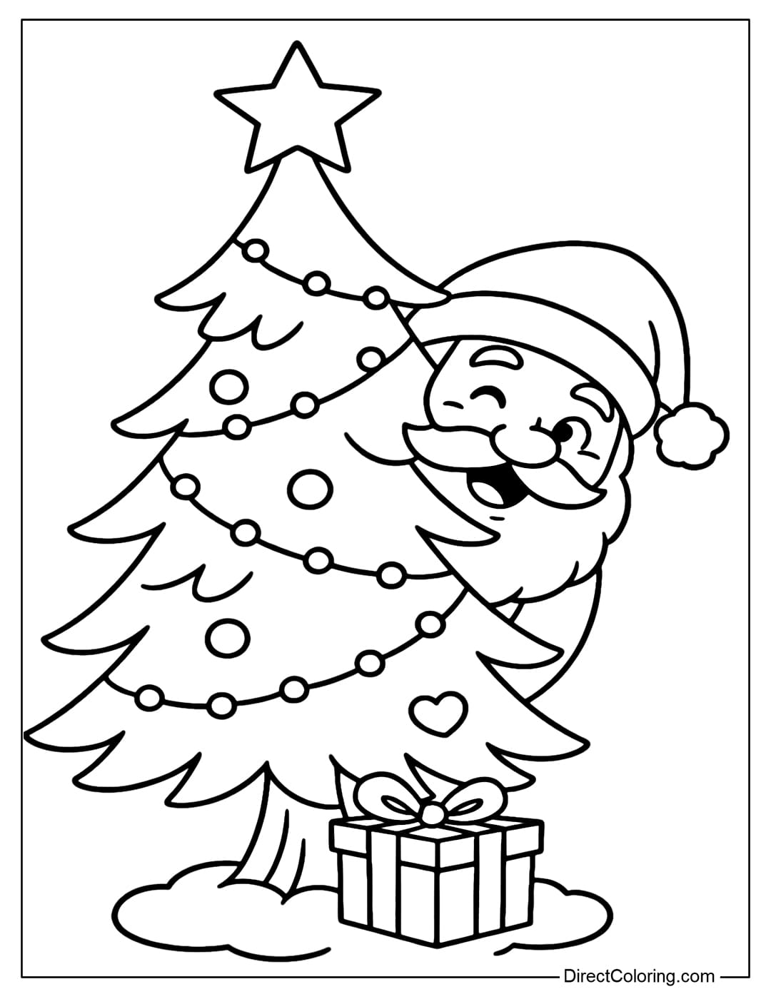 A Santa Claus coloring page hiding behind the tree, his mischievous smile half-open.