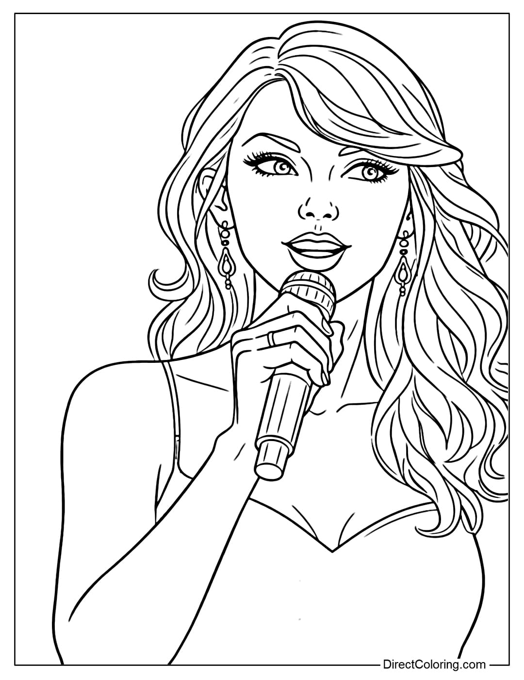 A coloring page of Taylor Swift with flowing hair, holding a microphone and enthusiastically performing.
