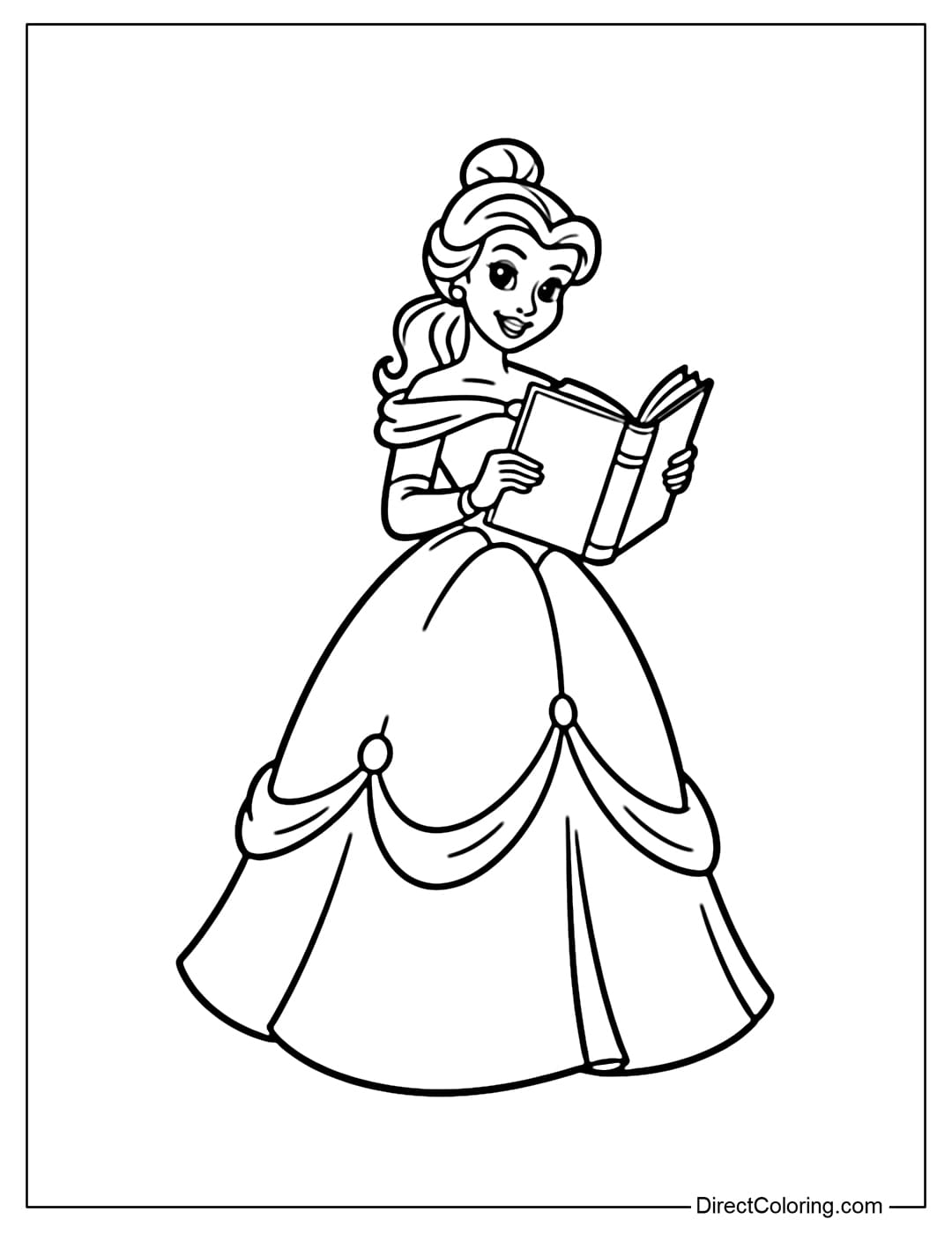 Coloring page of Princess Belle holding a large book in a simple pose.