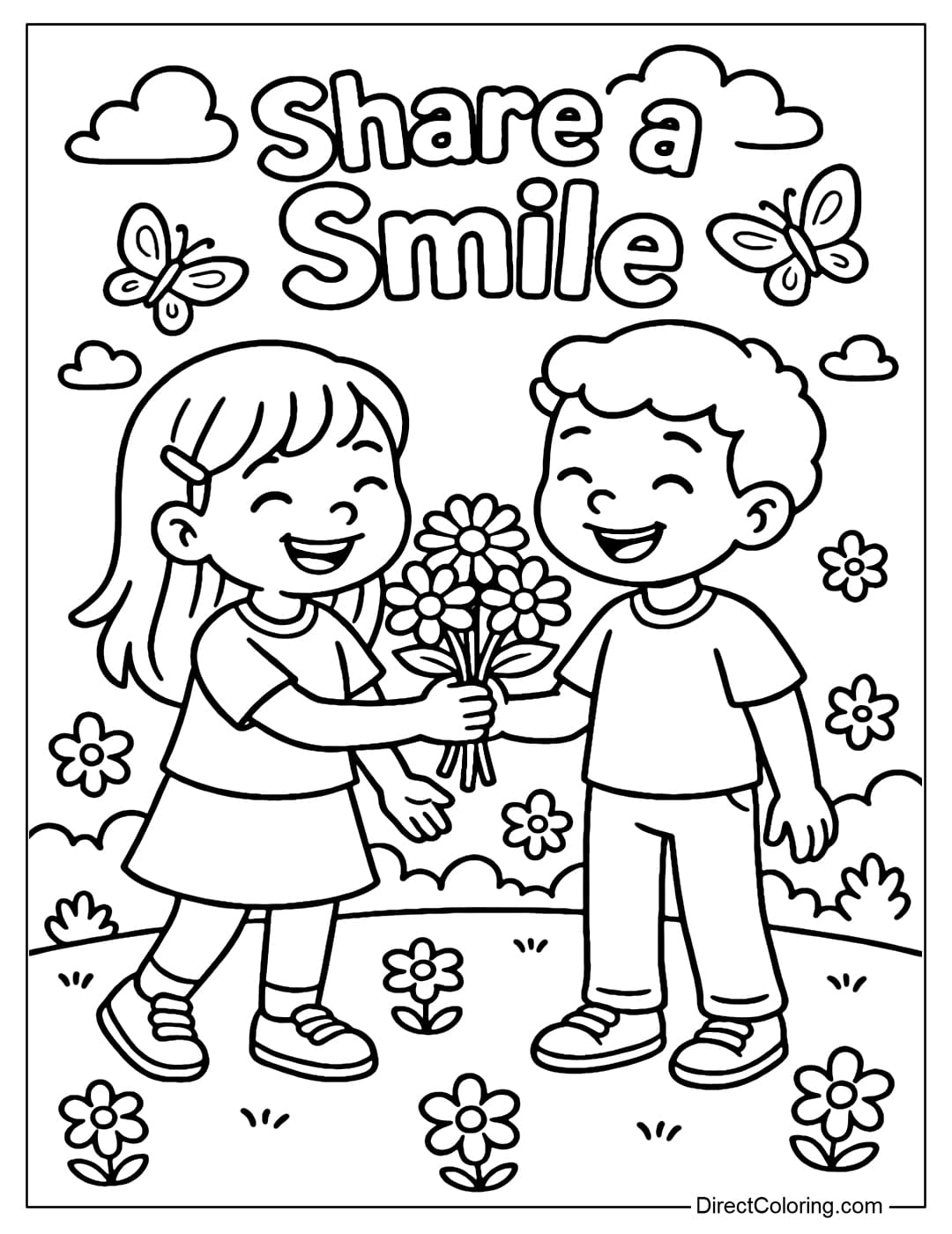 A coloring page of two children exchanging smiles and a bouquet of flowers in a sunny park.