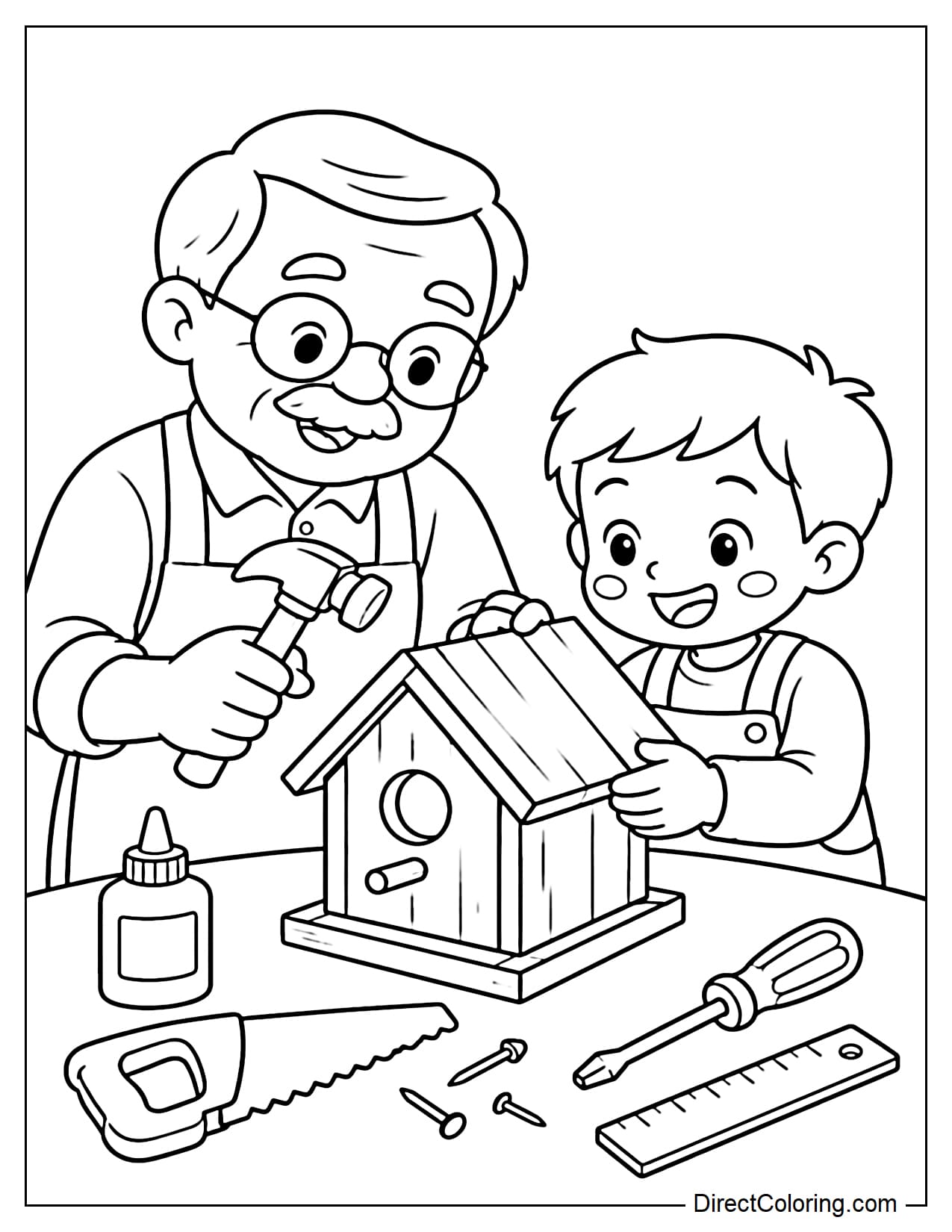 A grandfather and his grandchild build a small birdhouse together on a table, with Grandpa holding a simple hammer while the child holds a large piece of wood.