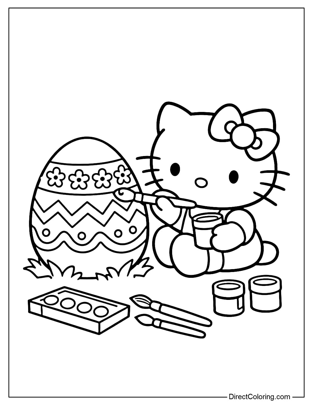 Hello Kitty is sitting and decorating a large Easter egg, with paintbrushes and colors beside her.