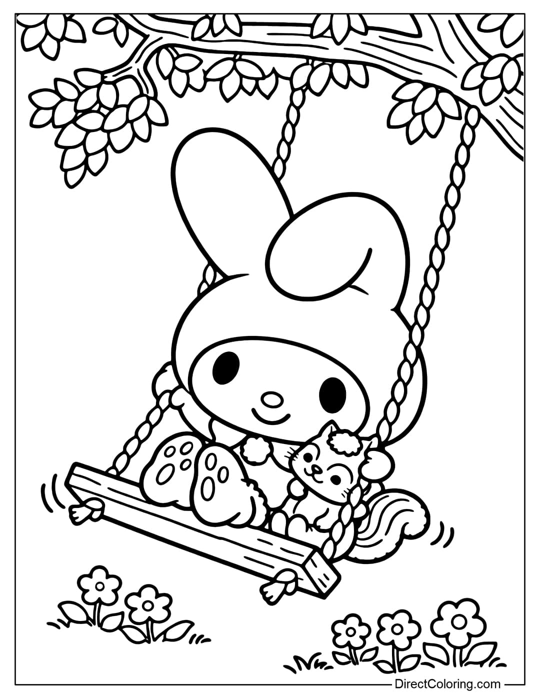 My Melody is a coloring page featuring her hugging a little squirrel while sitting on a wooden swing hanging under a cool green tree in a field of blooming flowers.
