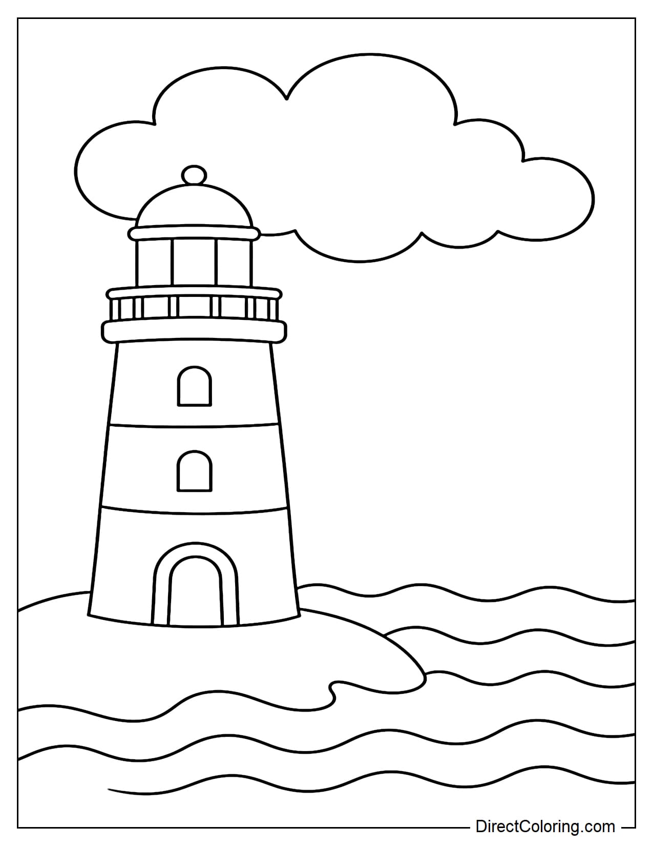 A lighthouse stands by the sea with a simple cylindrical shape, below which are a few gently curved waves and a large cloud above.