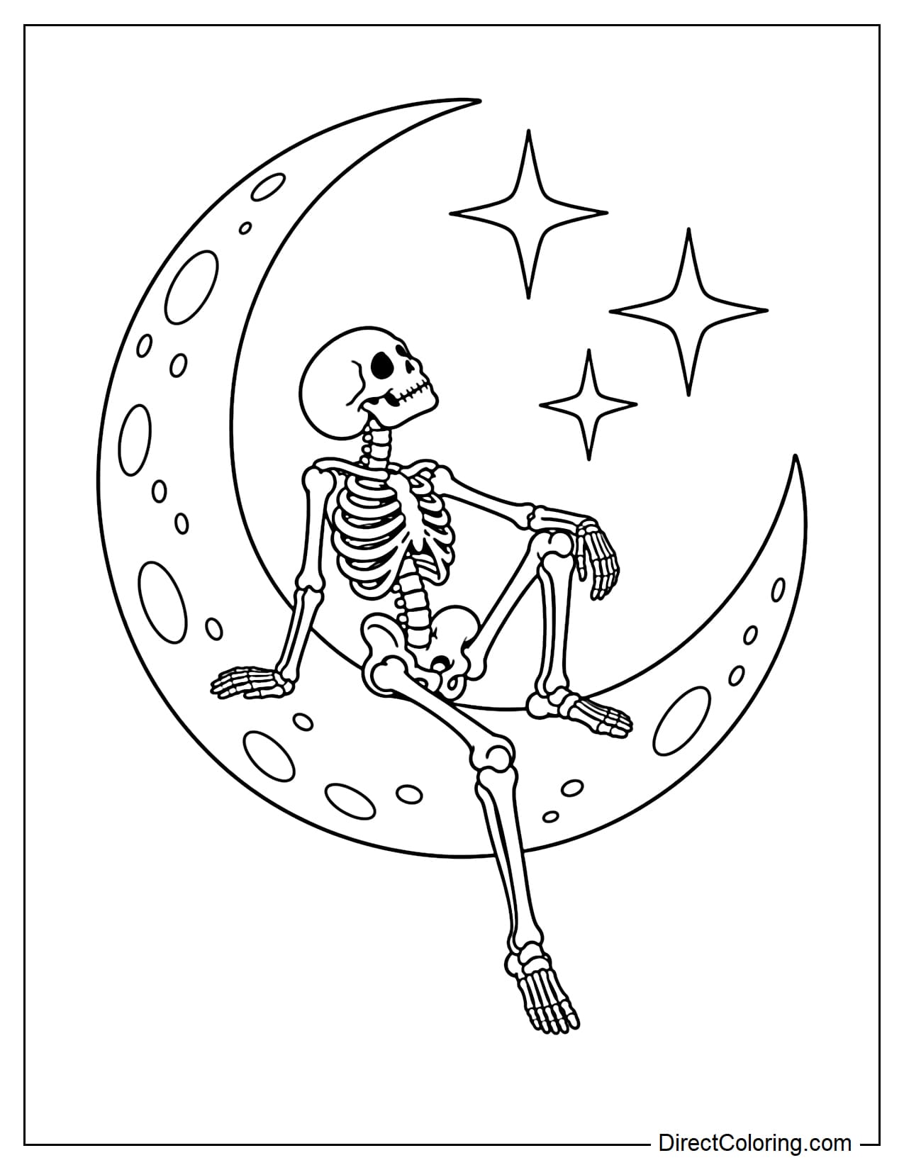 A skeleton is sitting on a large crescent moon, with one leg dangling down and the other gently bent on the moon, one hand resting behind its body as it looks up at the stars.