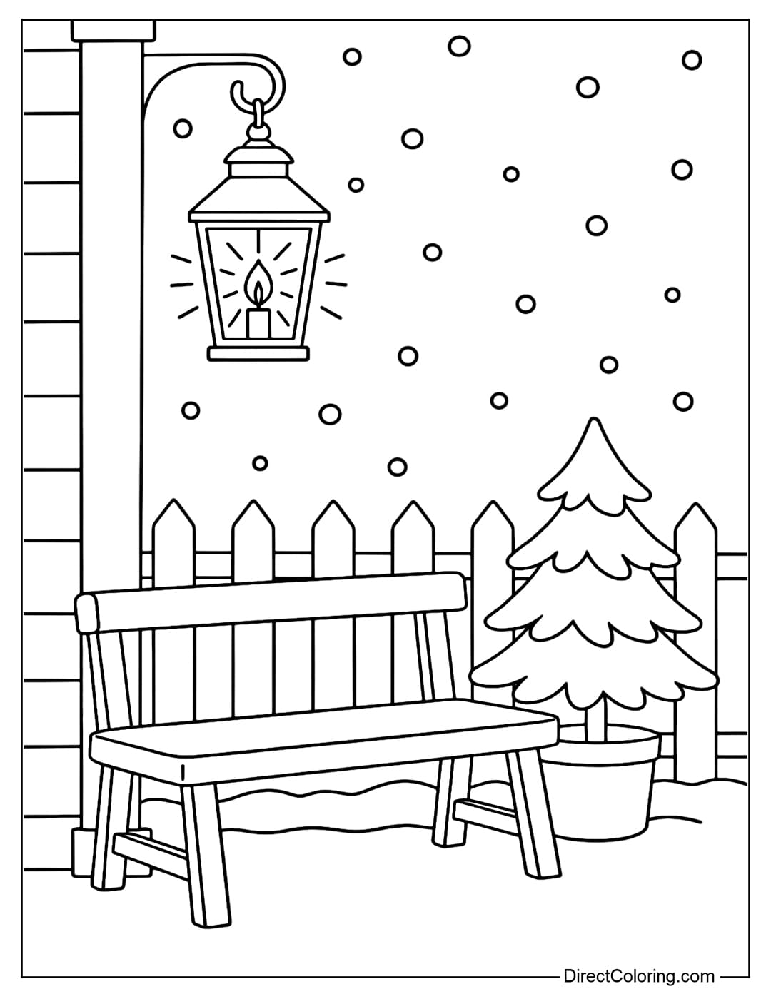 A snow-covered porch coloring page with a hanging lantern, a bench, a small pine tree, and a fence.