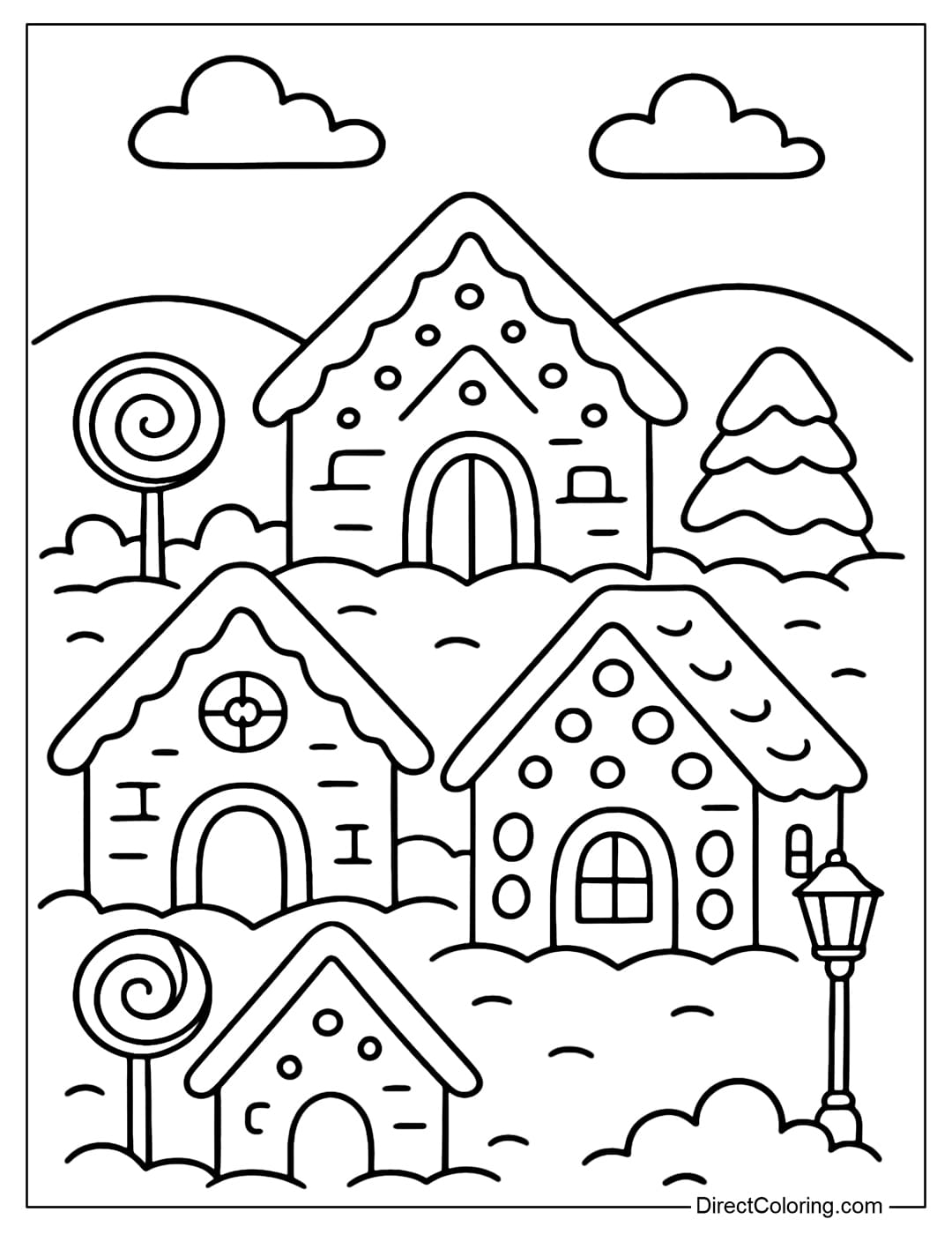 A small gingerbread village coloring page with four different houses, each decorated with different candies, candy canes, lanterns, and snow.