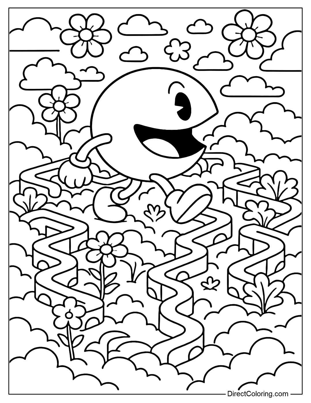 Coloring page of Pac-Man walking in a garden floating in the clouds, flowers blooming, the paths are spiral mazes.