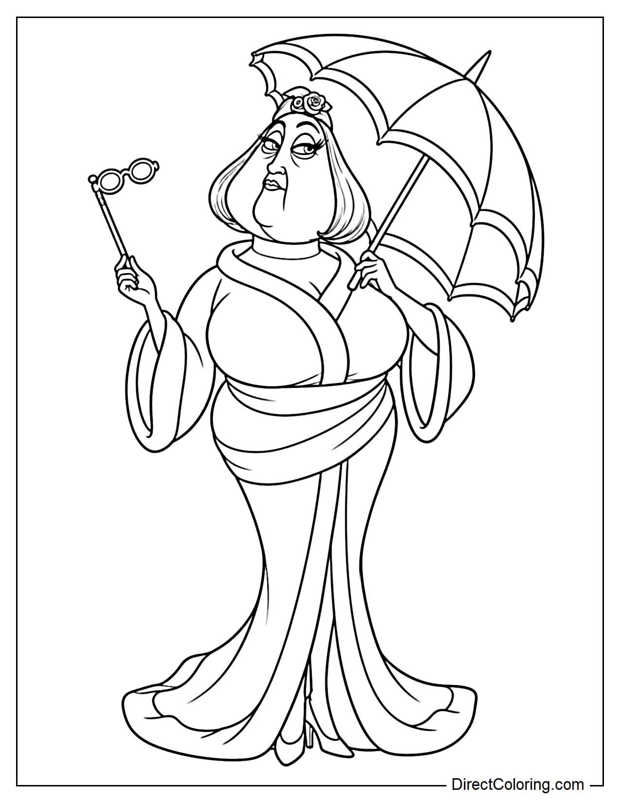 Miss Forcible wears her distinctive stage costume, holding a large open parasol behind one shoulder while raising long-handled opera glasses in her other hand, her head slightly tilted with a confident expression.