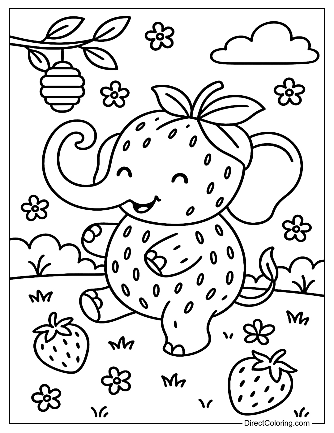 A baby elephant coloring page with a body like a red strawberry, large strawberry leaves for ears, a slightly curved trunk and strawberry seeds on its back.