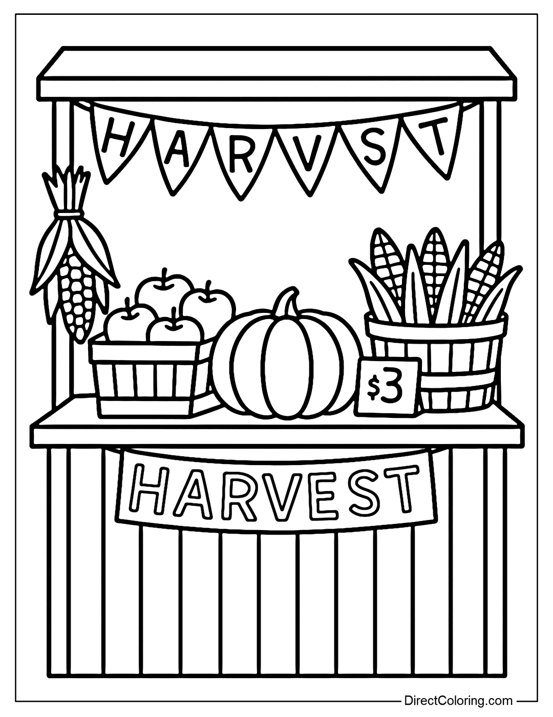 A farmers market stall coloring page: basket of apples, pumpkins, corn hanging in bundles, handwritten price list, with a 