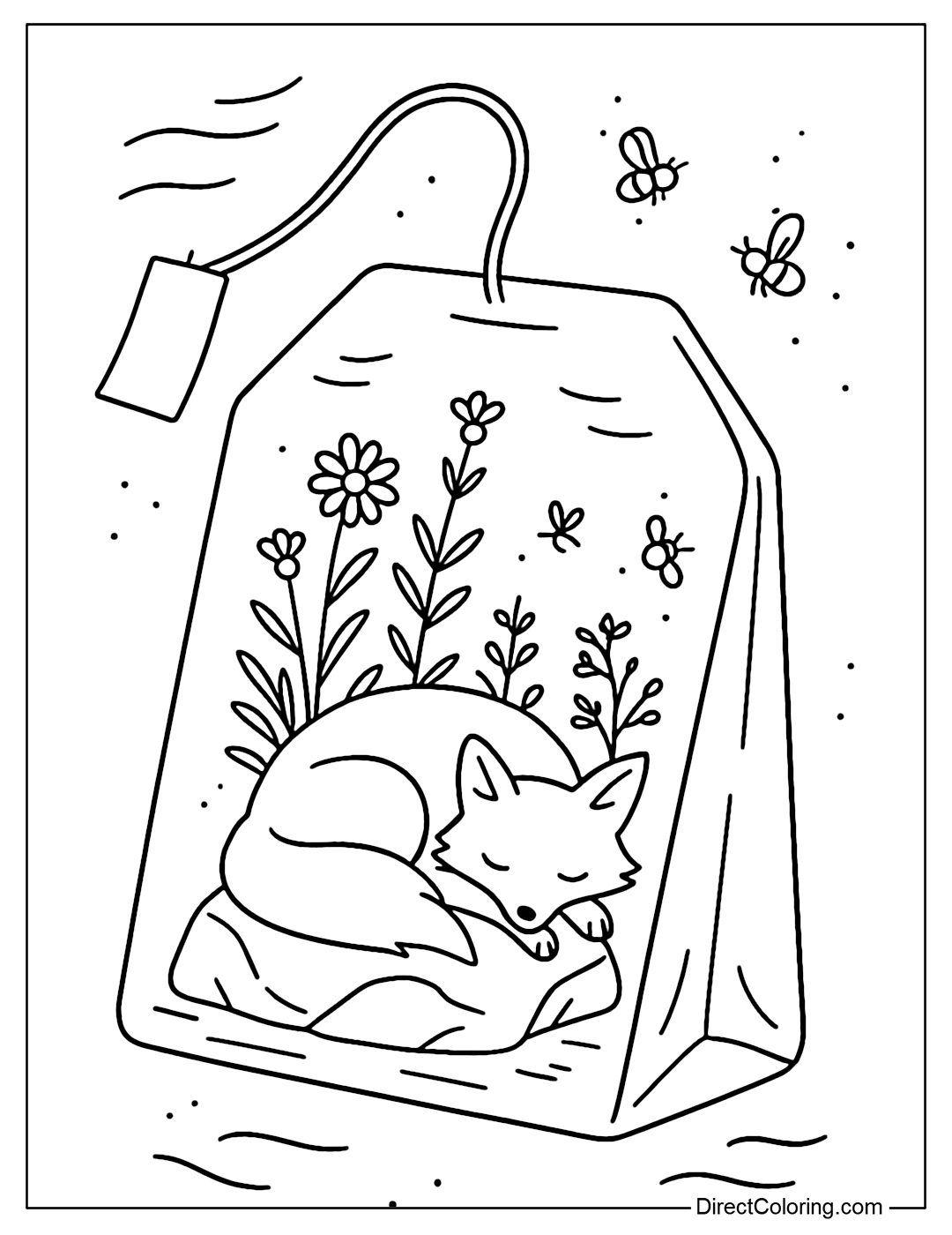 A tea bag coloring page featuring a white fox sleeping on a rock, surrounded by wildflowers and fireflies.