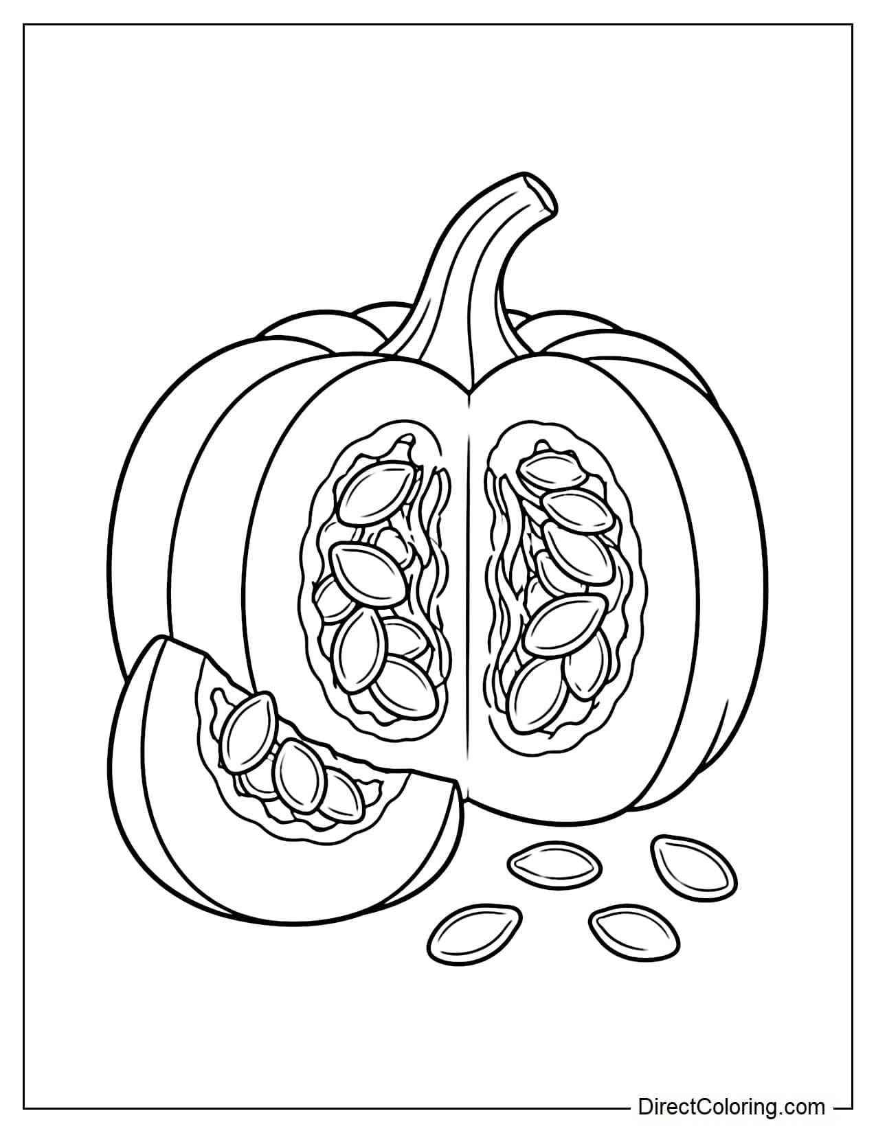 A large pumpkin cut in half, clearly showing the large seeds inside, with a small cut pumpkin piece beside it and a few seeds scattered nearby.
