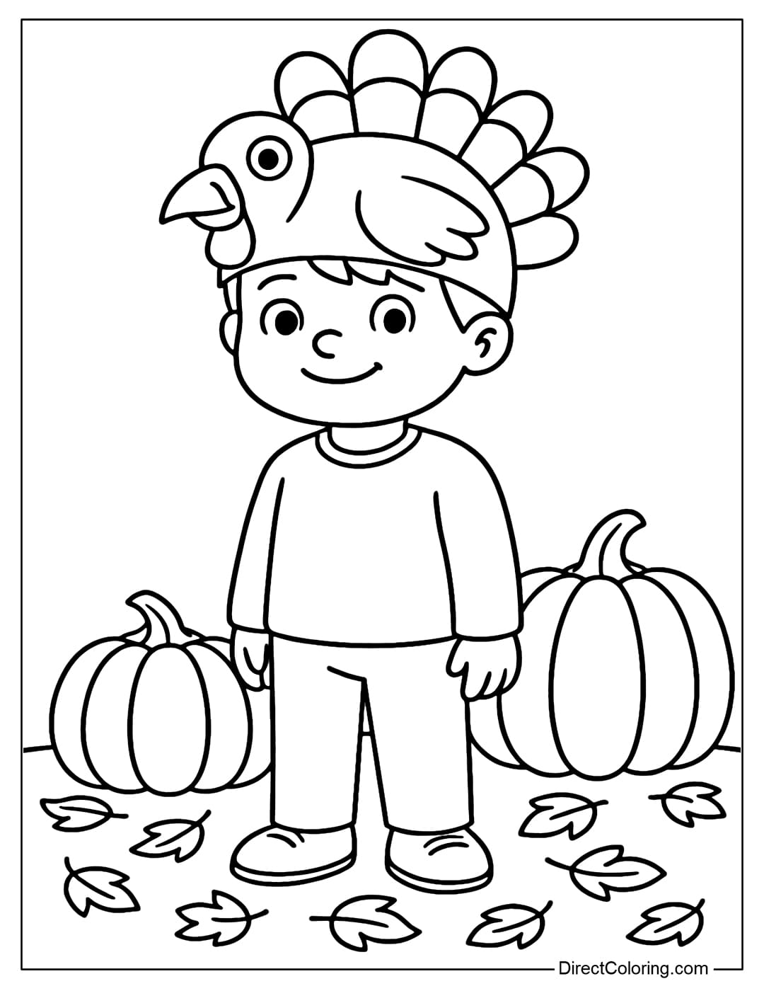 A coloring page of a boy wearing a turkey hat, standing on a carpet of yellow leaves, with a few large pumpkins behind.