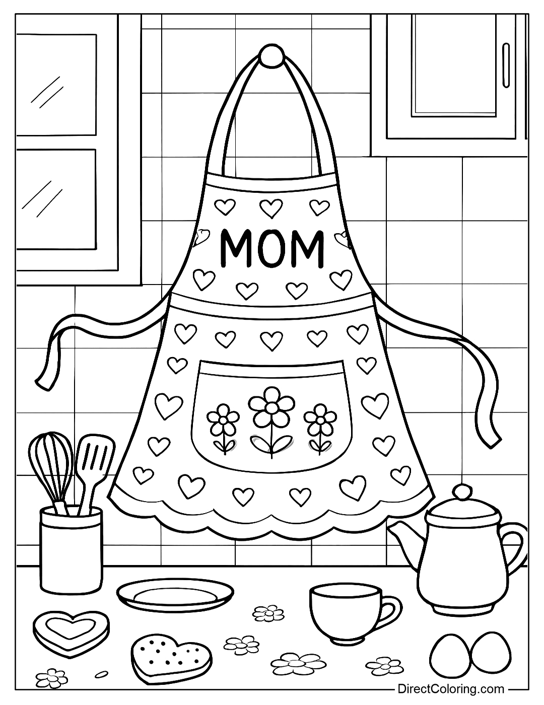 Mom's Apron coloring page decorated with hearts and flowers, hanging in a bright kitchen