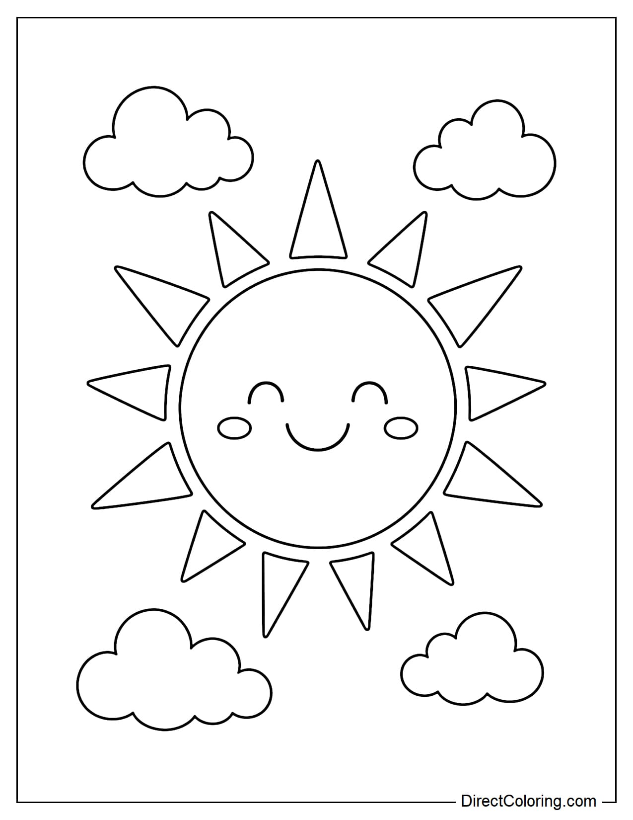 A large sun with a smiling face, surrounded by soft clouds, and triangular sunbeams.