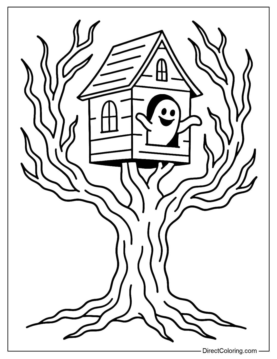 A haunted house coloring page on a giant tree, with crooked branches, and a ghost's silhouette smiling mysteriously from the window.