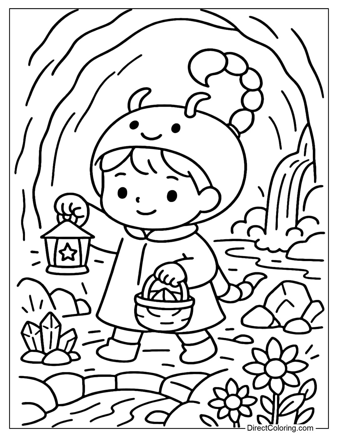 A Scorpio coloring page wearing a scorpion tail cloak, a small scorpion hat, and a lantern in hand, is adventuring in a bright cave.