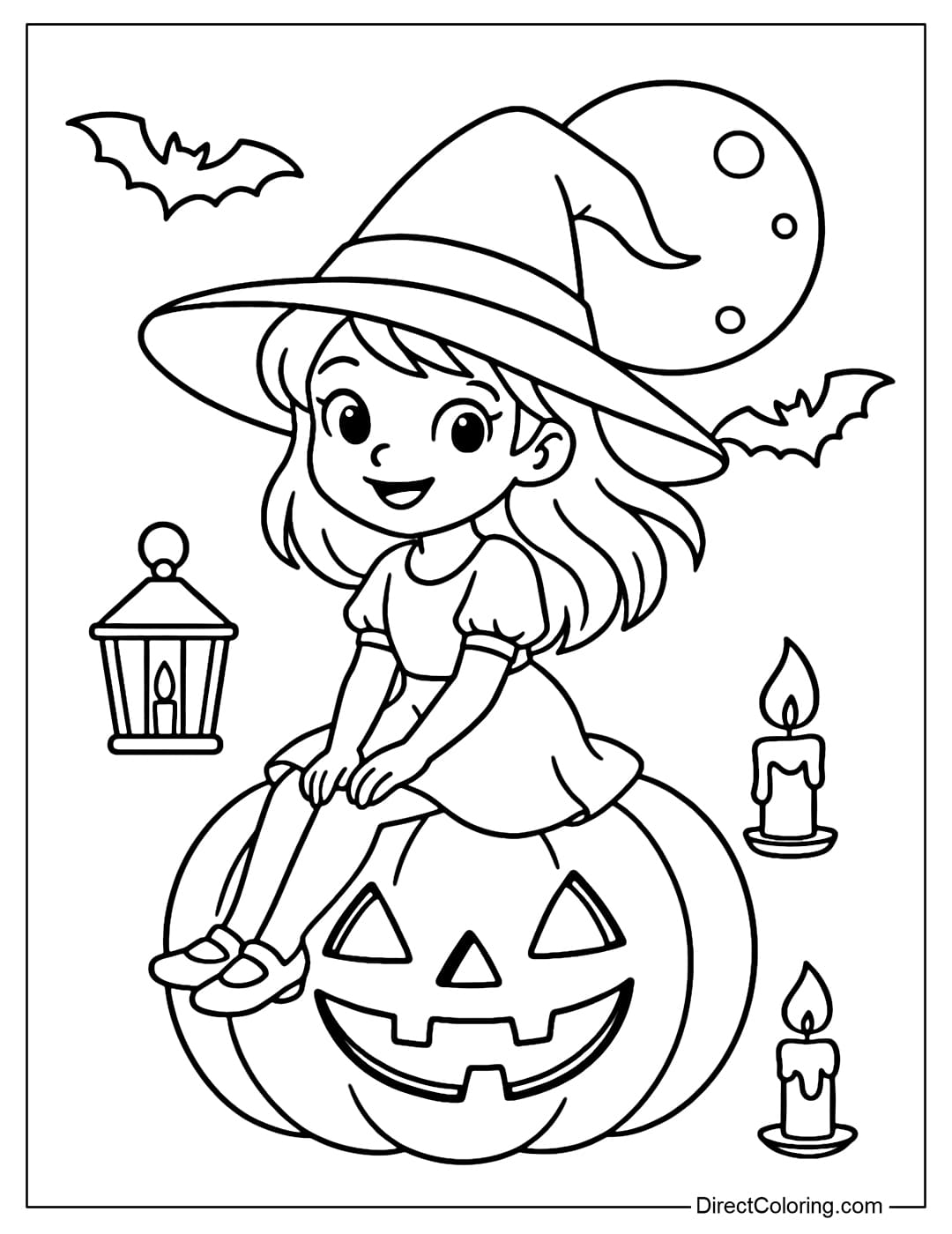 A cute witch sitting on a giant pumpkin, surrounded by lanterns, bats, candles and a full moon.
