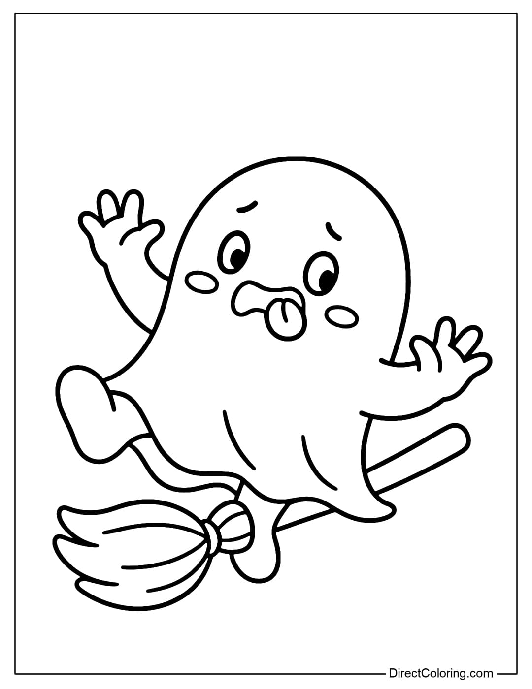A ghost coloring page tripping over a witch's broom, falling down but still having a funny face.