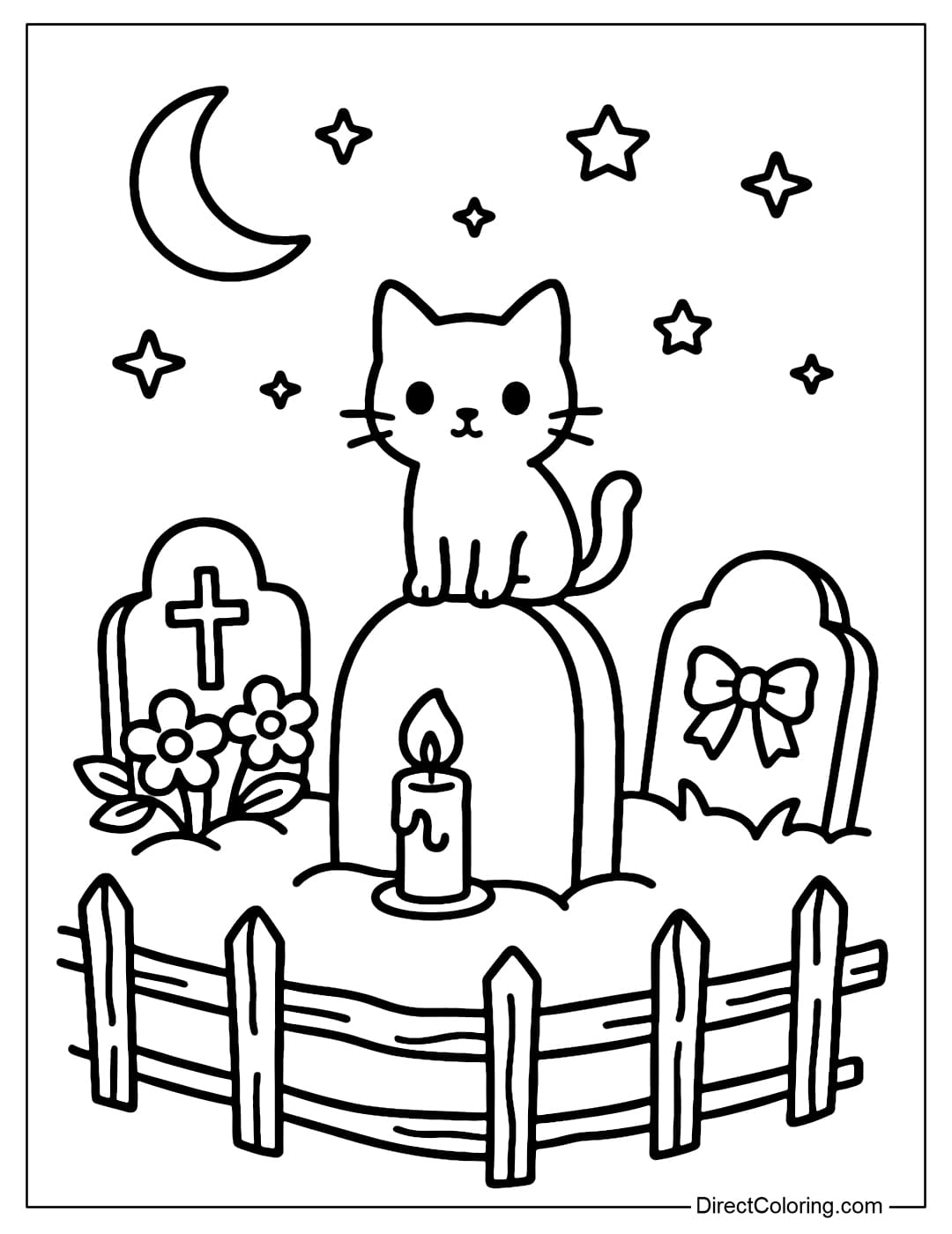 A small cemetery coloring page with a crooked wooden fence, a few gravestones decorated with flowers and bows, and a black cat sitting on the tombstone.