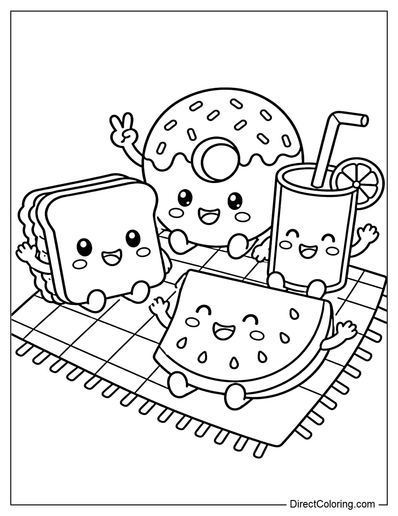 Sandwiches, donuts, watermelon, and a glass of juice with adorable smiley faces sitting together on a small picnic blanket.