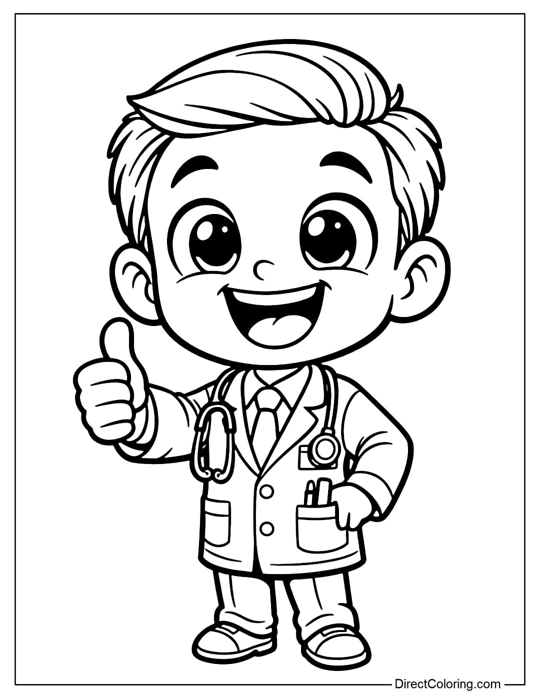 A coloring page of a cartoon-style doctor, with a big head and small body, smiling broadly and giving a thumbs-up.