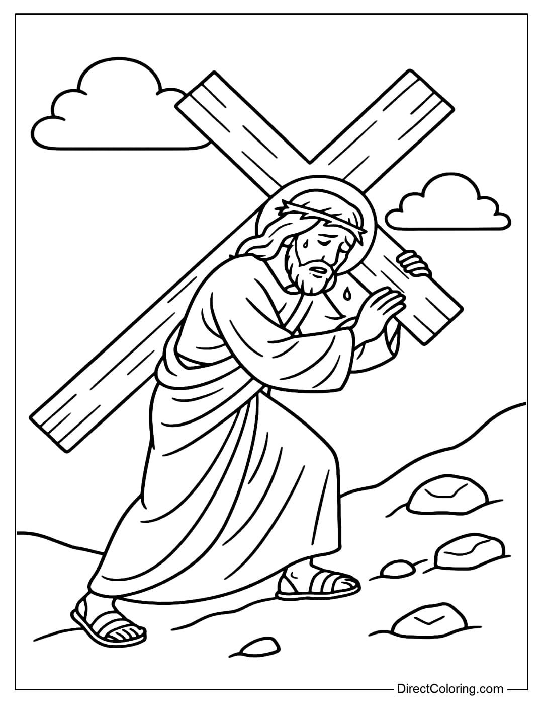 Jesus Coloring Page carrying a heavy cross on his shoulders in a state of agony.