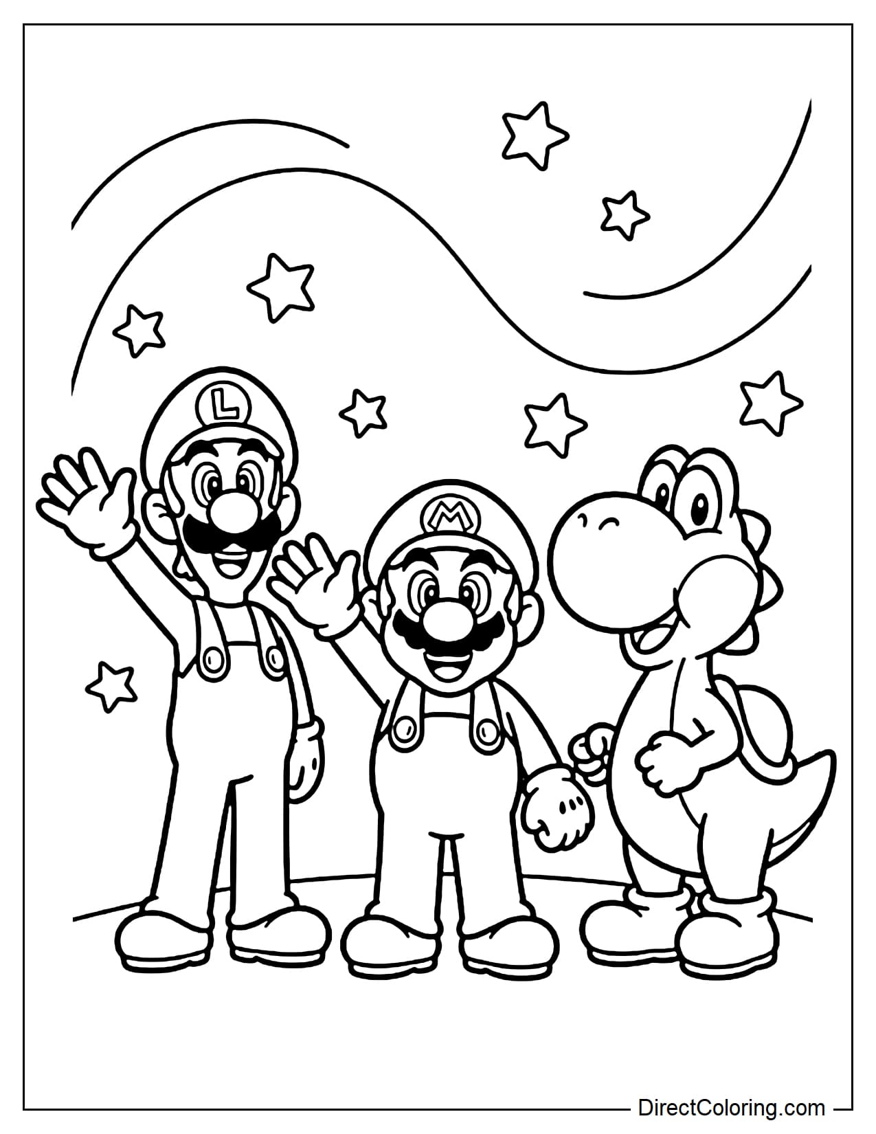 Mario, Luigi, and Yoshi stand together with cheerful expressions, surrounded by a few stars and curved lines.