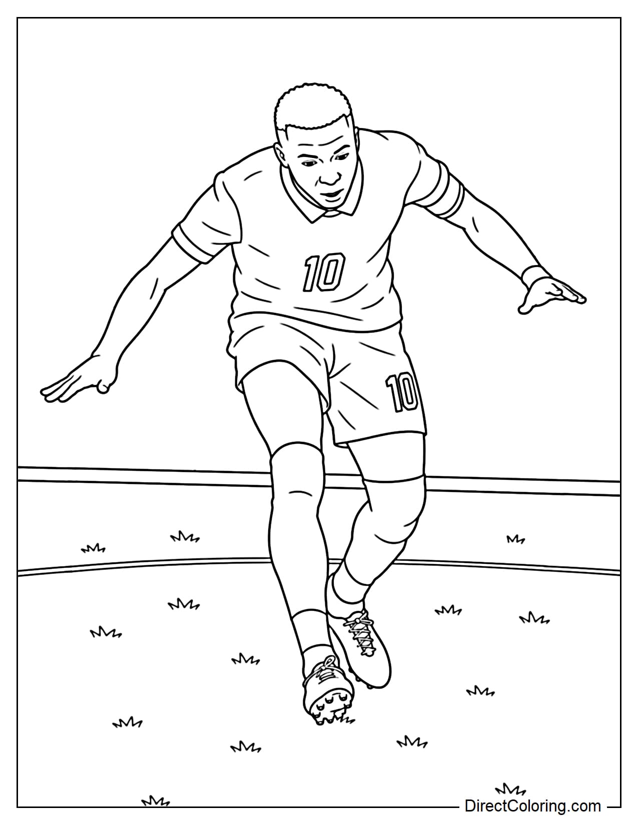 Kylian Mbappé, wearing the number 10 football jersey, is charging forward on the World Cup 2026 pitch, arms slightly outstretched, his face focused.