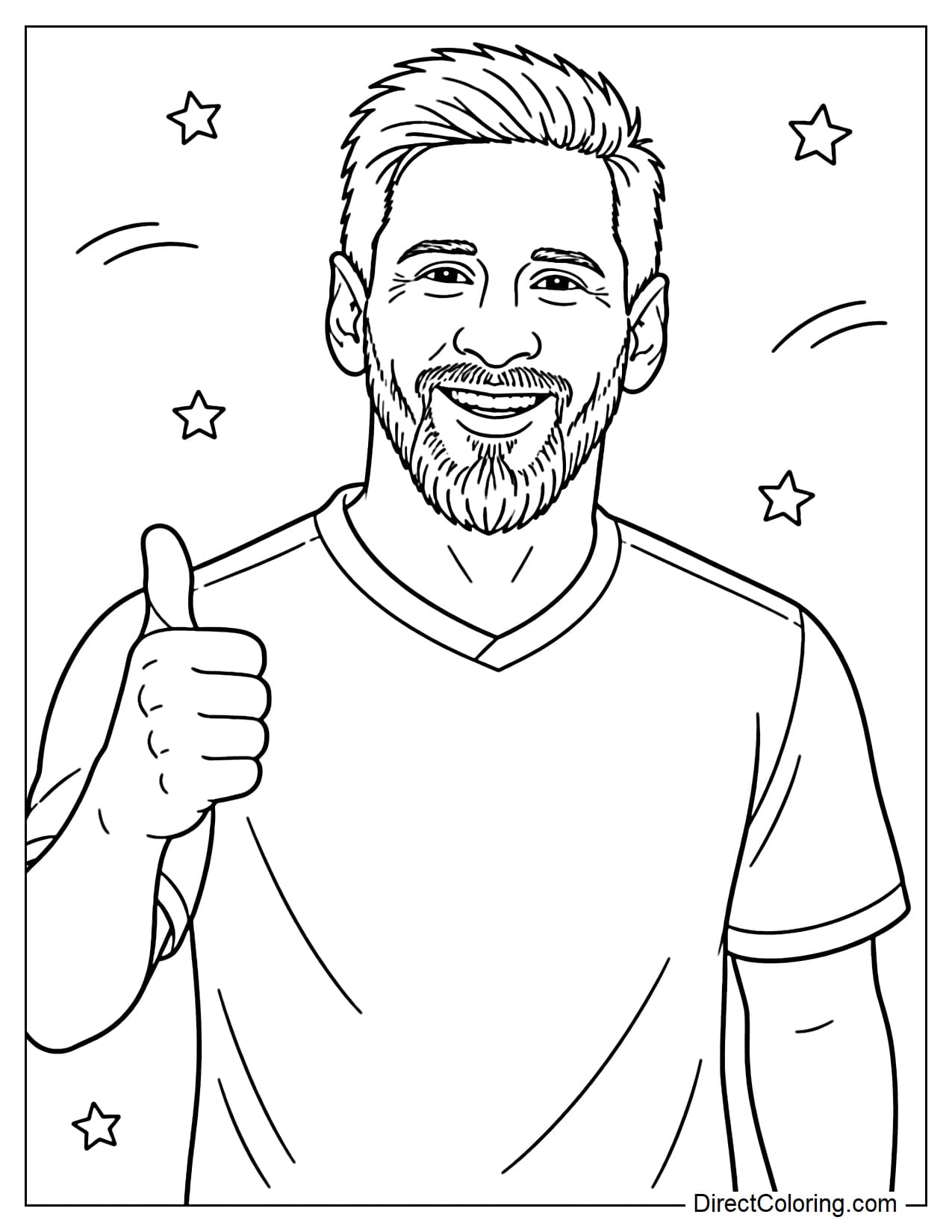 Lionel Messi with a happy smile, one hand giving a thumbs-up sign, a relaxed and friendly stance.