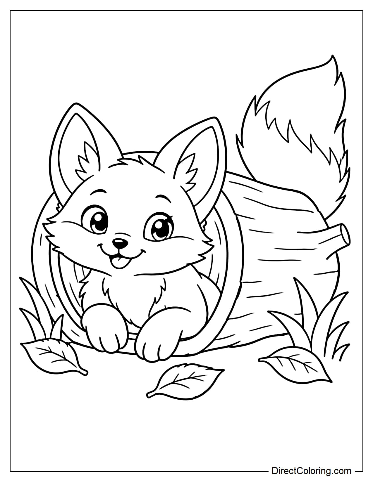 A cute baby fox peeks its head and two front paws out of a large hollow log lying horizontally, with its tall ears sticking up and its fluffy tail appearing from one end of the log.