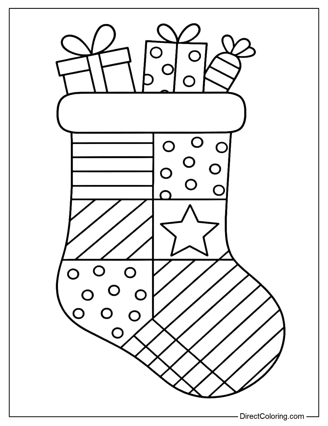 Patchwork Coloring Page A large Christmas stocking, consisting of large patchwork pieces with horizontal, diagonal, dot, and large star patterns.