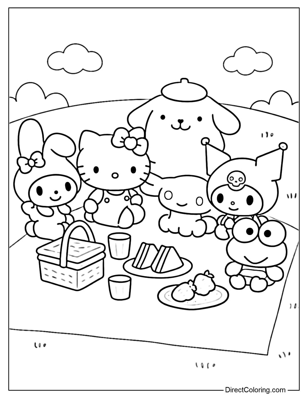 A coloring page featuring Sanrio characters enjoying a simple picnic on a green lawn, complete with bread, drinks, and familiar smiles.