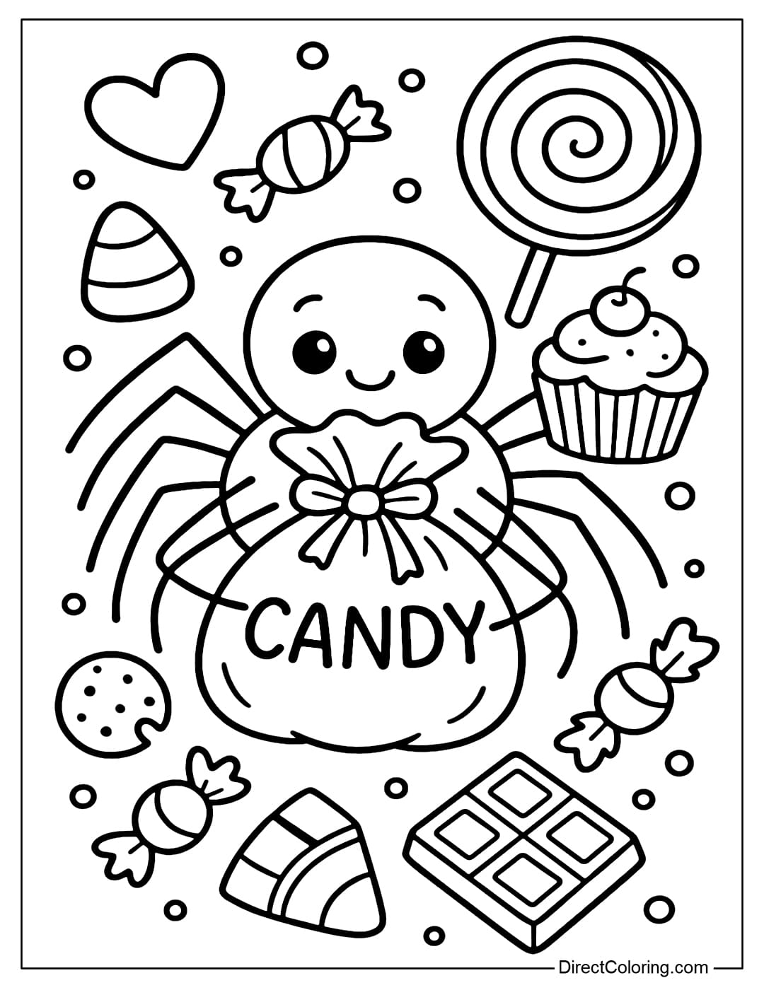 A coloring page of a spider holding a bag of candy, surrounded by lovely sweets, cakes and chocolates.