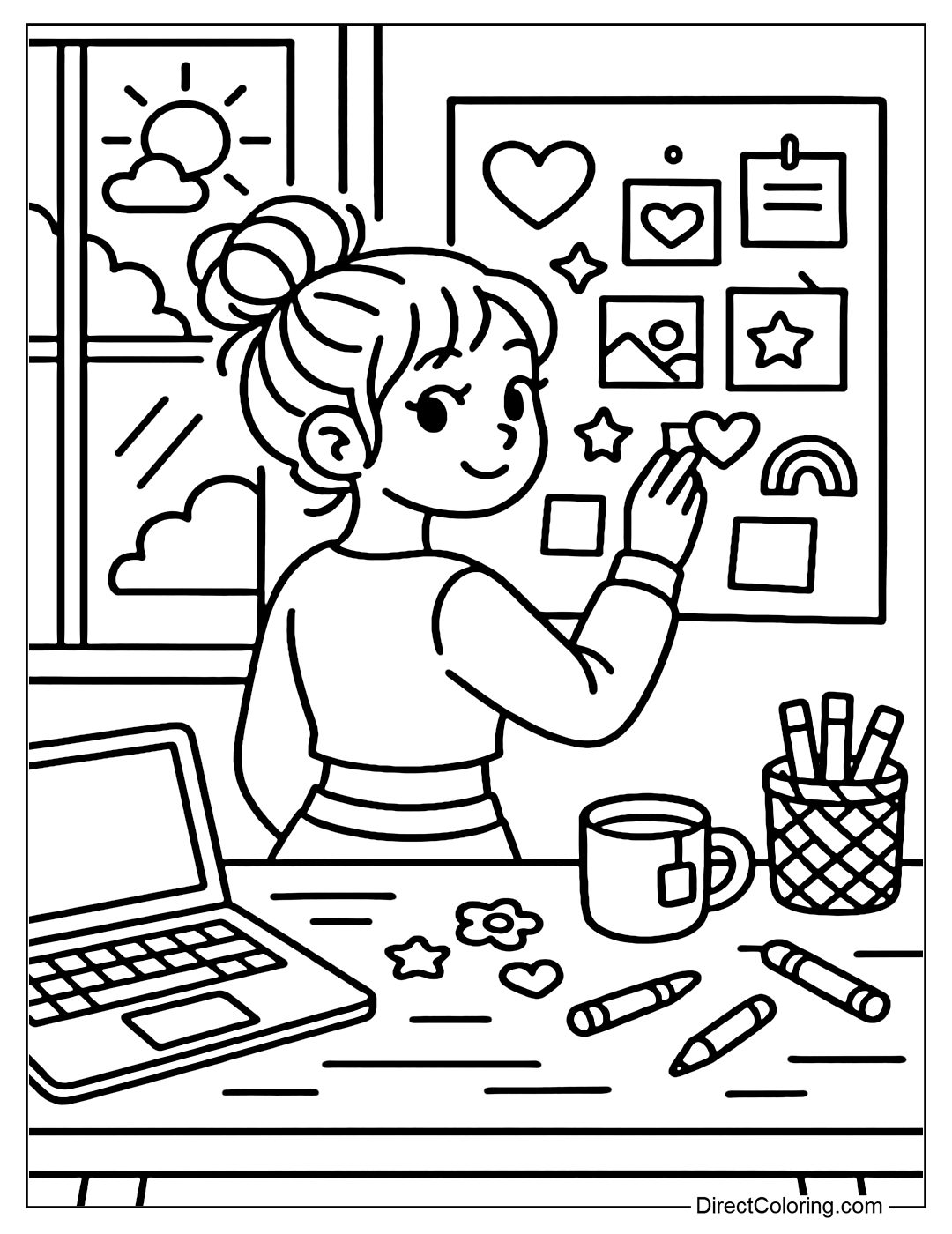 A girl standing in front of a mood board next to a window on a table next to a laptop, a cup of tea, stickers, crayons and a storage basket.