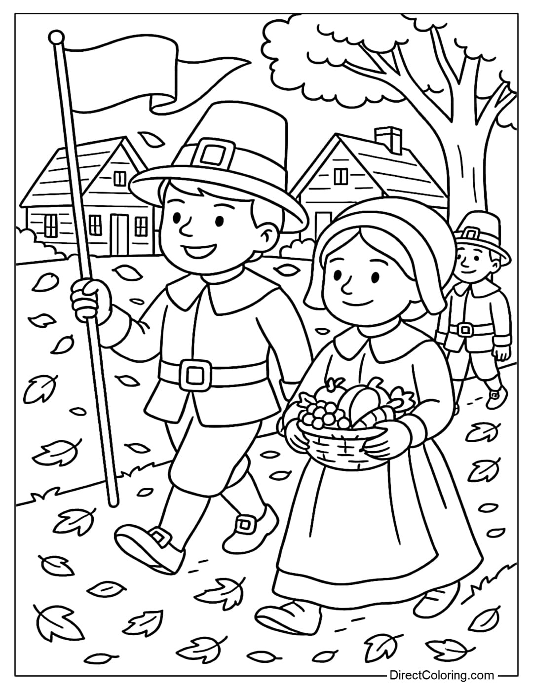 Coloring page of a Pilgrim procession carrying flags and fruit baskets, passing through a village street covered with yellow leaves.