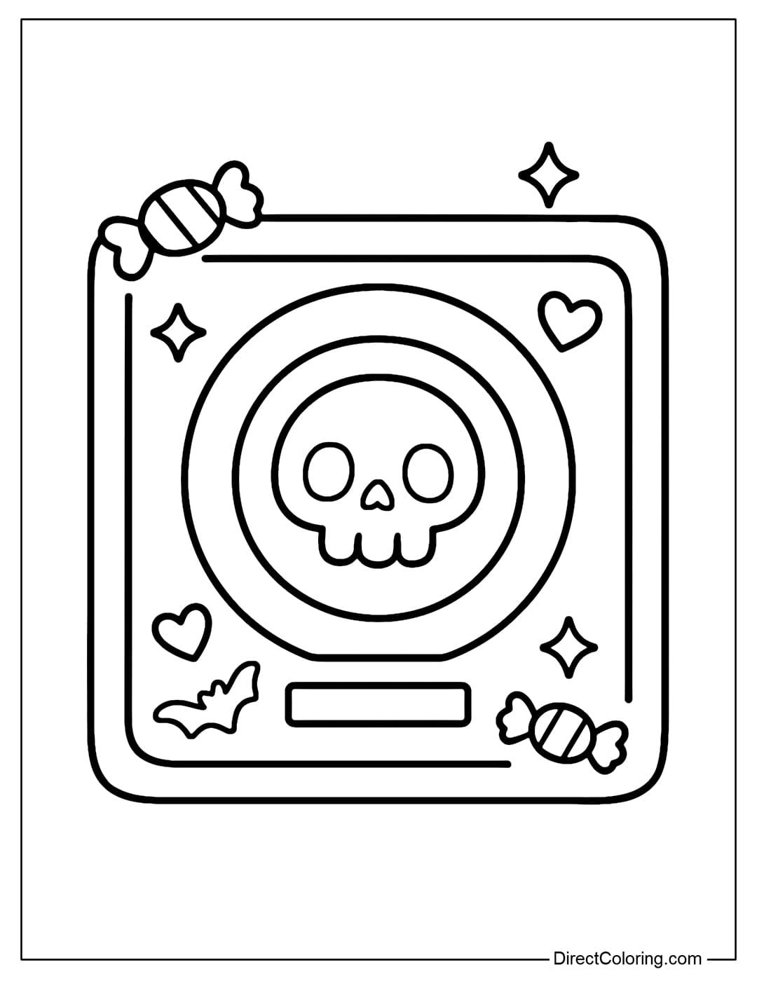 Coloring page for a small skull-shaped palette decorated with candy, hearts and stars around the edge.