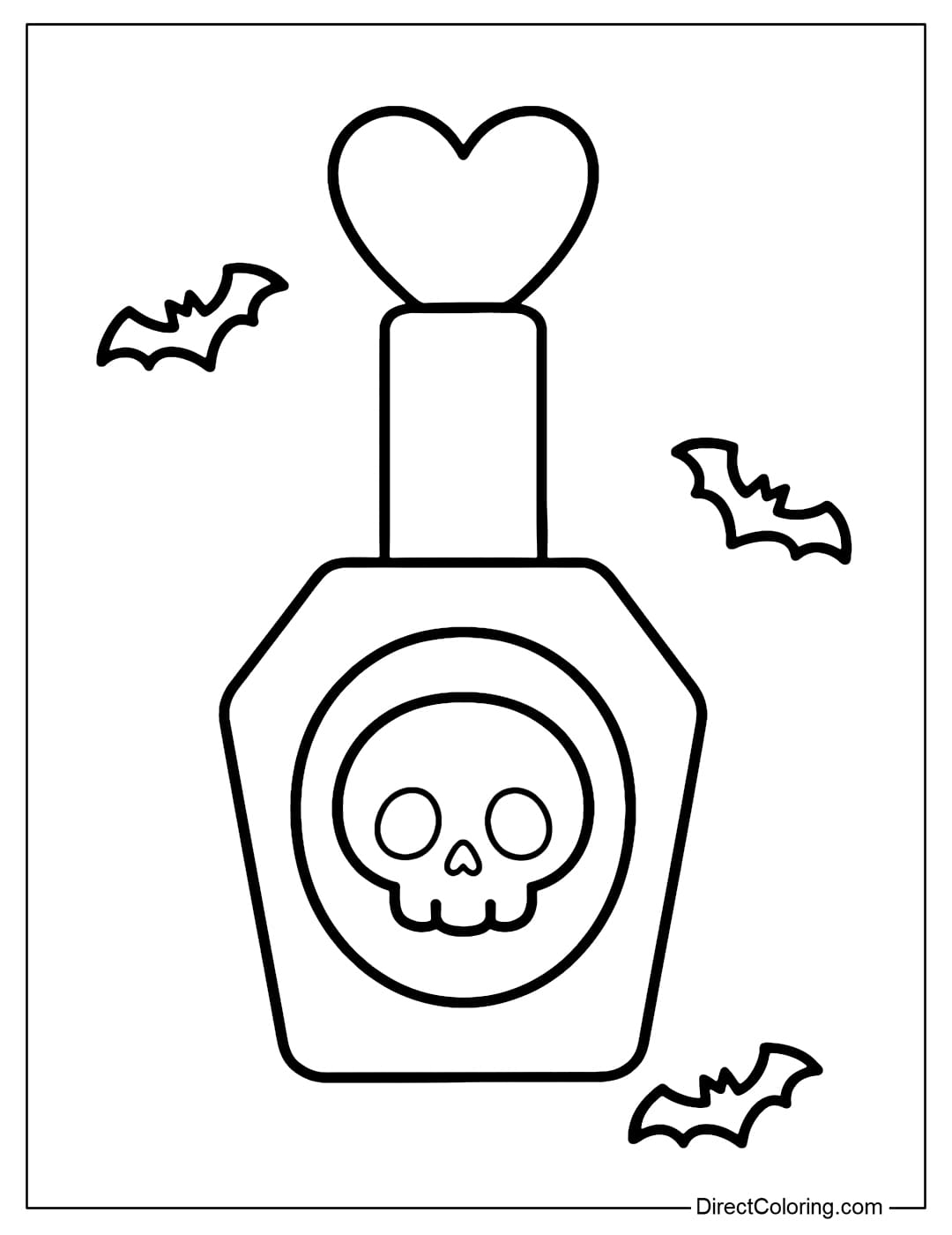 Coloring page for a cute skull nail polish bottle, with a heart-shaped cap, and a small bat flying around it.