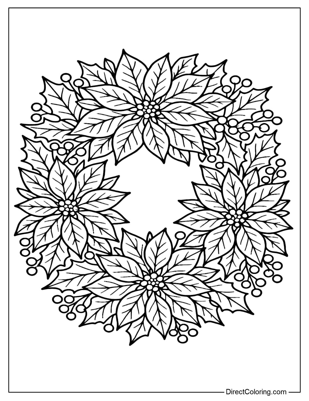 Poinsettia Floral Christmas Wreath Coloring Page A wreath coloring page with large poinsettia flowers mixed with leaves and berries.