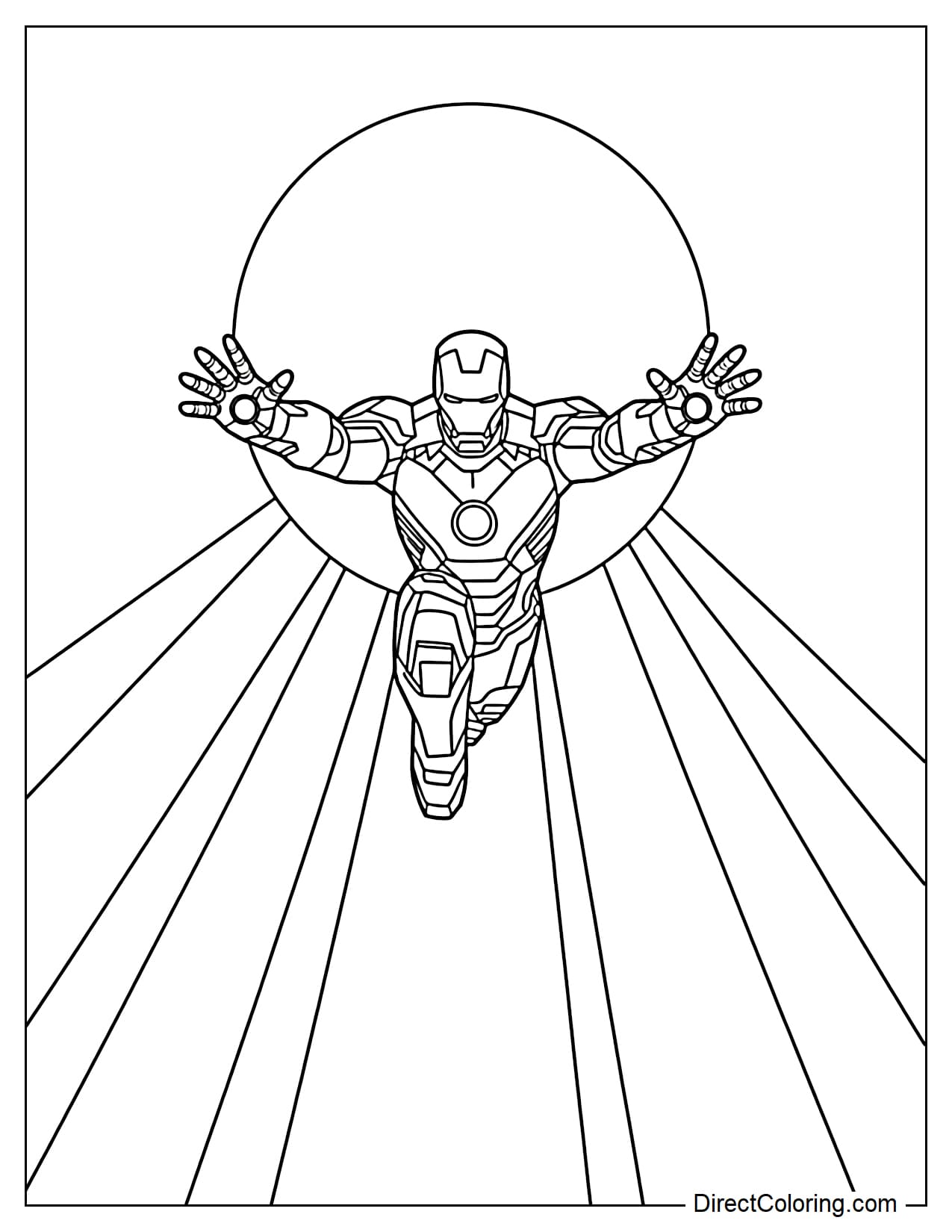 Iron Man flies in front of a large circle representing the sun, with simple and sparse rays of light.
